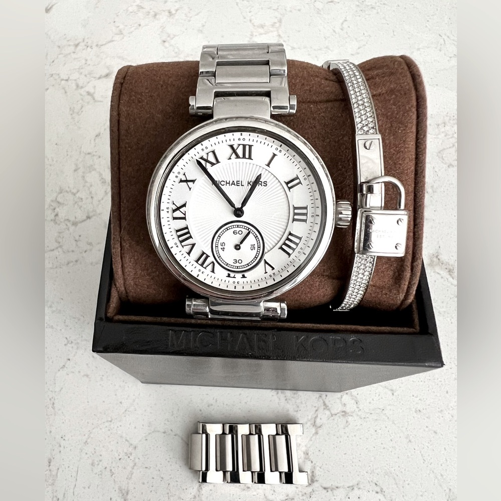 Michael Kors Silver Watch w/ CZ Around Face w/ Kors Lock CZ Silver Bangle